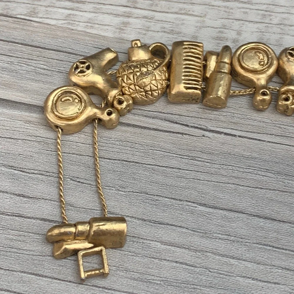 Vintage Gold Tone Beauty Salon Charm Bracelet Hair Dryer Comb Lipstick 6.5